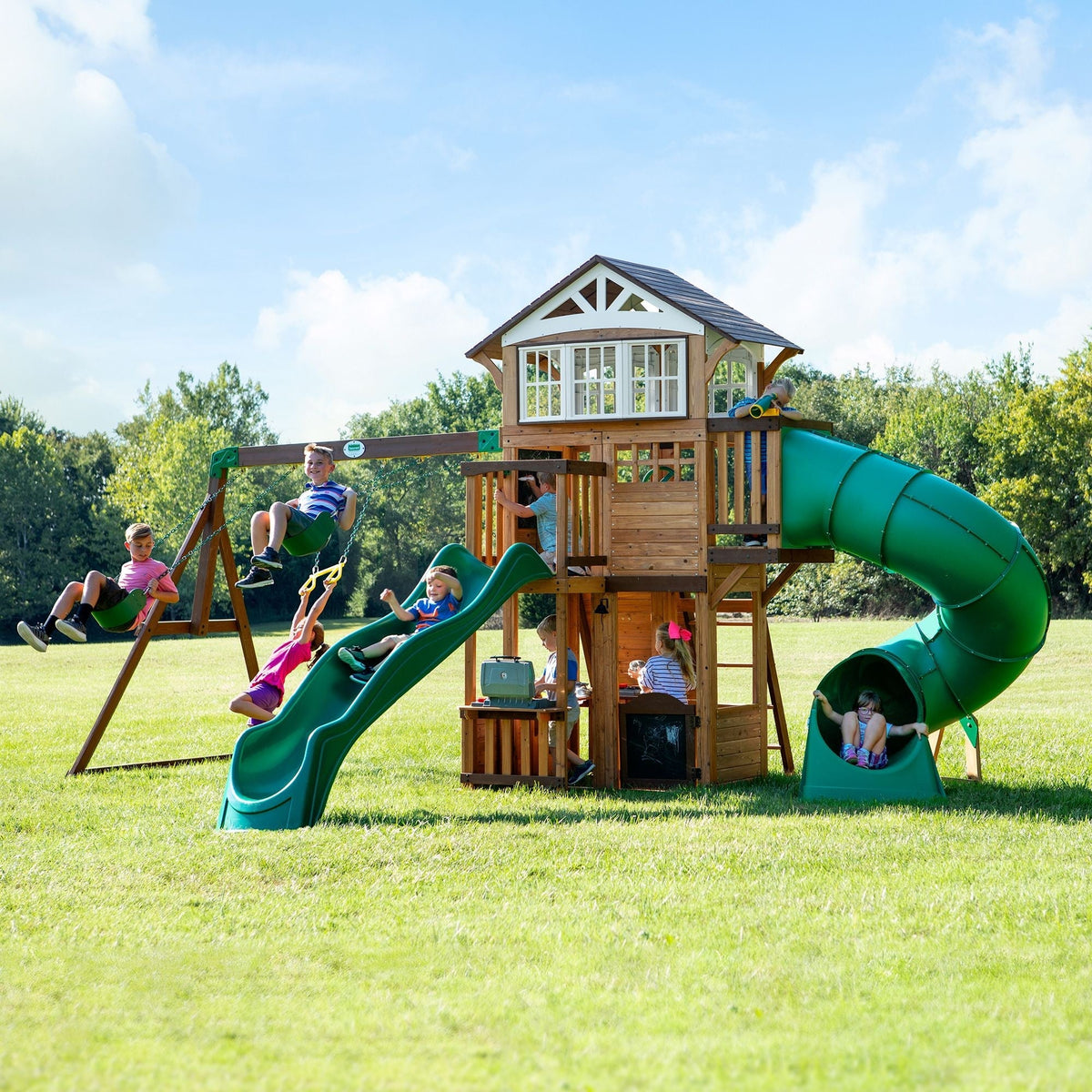 Discovery Kids' Bristol Point Cedar Wood Swing Set with Swing Beam, Upper & Lower Fort, Rock Wall & Slide Play for up to 11 Kids G9S3 - product image 1