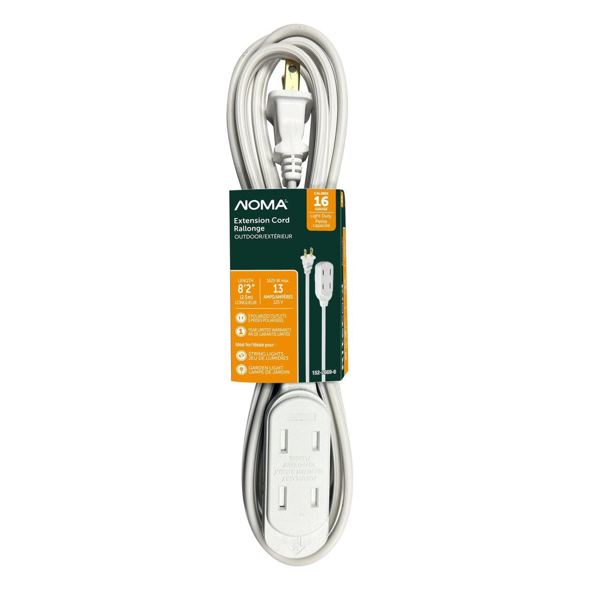 2.5-m 13A 3-Outlet Light-Duty 16-Gauge White Outdoor Extension Cord H4R7 - product image 1