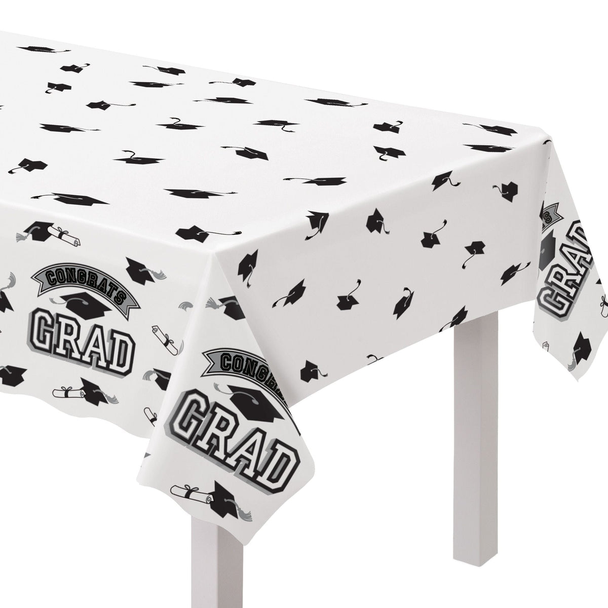 "Congrats Grad" Rectangle Plastic Reusable Table Cover, Black/White, 54x84-in, for Graduation S6I7 - product image 1