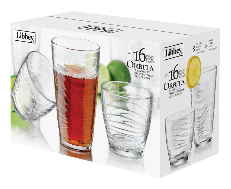 Orbita 16pc Tumbler Glassware Set, Dishwasher Safe, 8pc x 13-oz and 8pc x 18-oz Z3E2