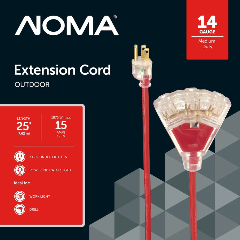14/3 Outdoor Extension Cord with 3 Grounded Outlets & Lighted End, Red P1M2