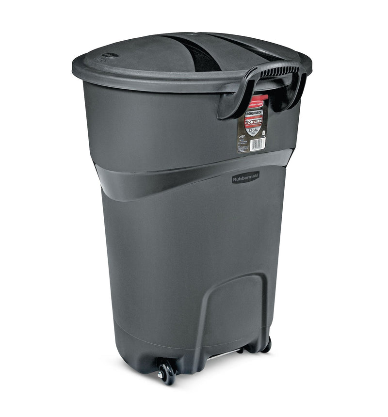 Plastic Circular Wheeled Garbage Can with Handle, Black, 121-L A9T0