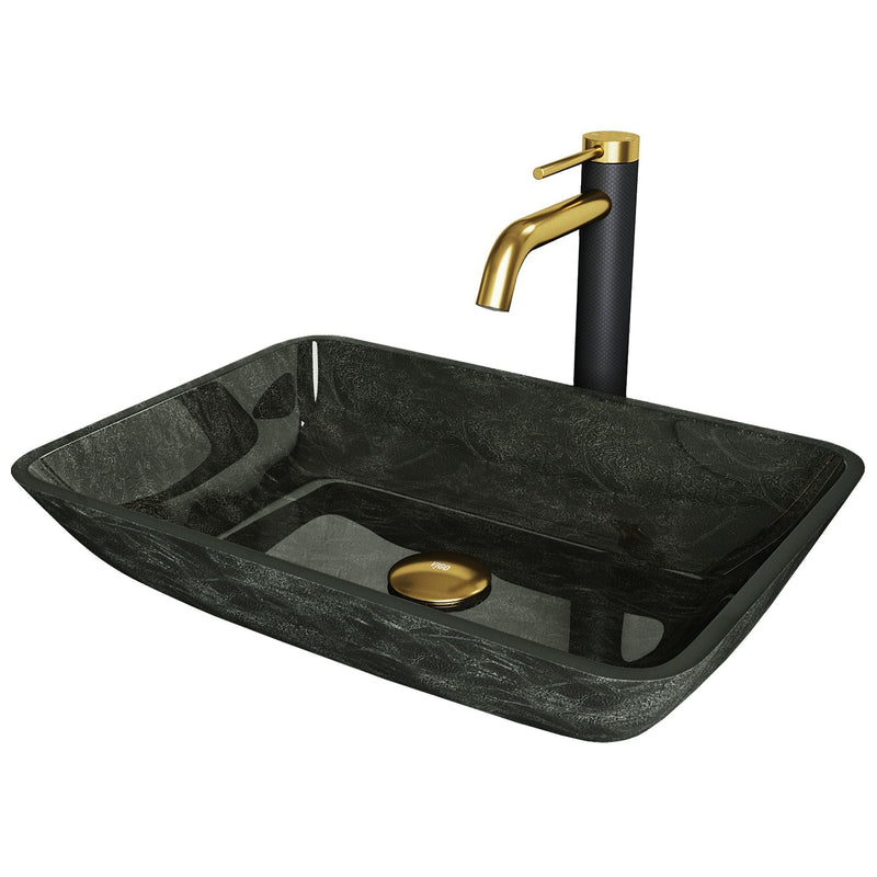 Glass Grey Onyx Bathroom Sink/Basin Set with Matte Gold Lexington Faucet and Rectangular Vessel D7T6