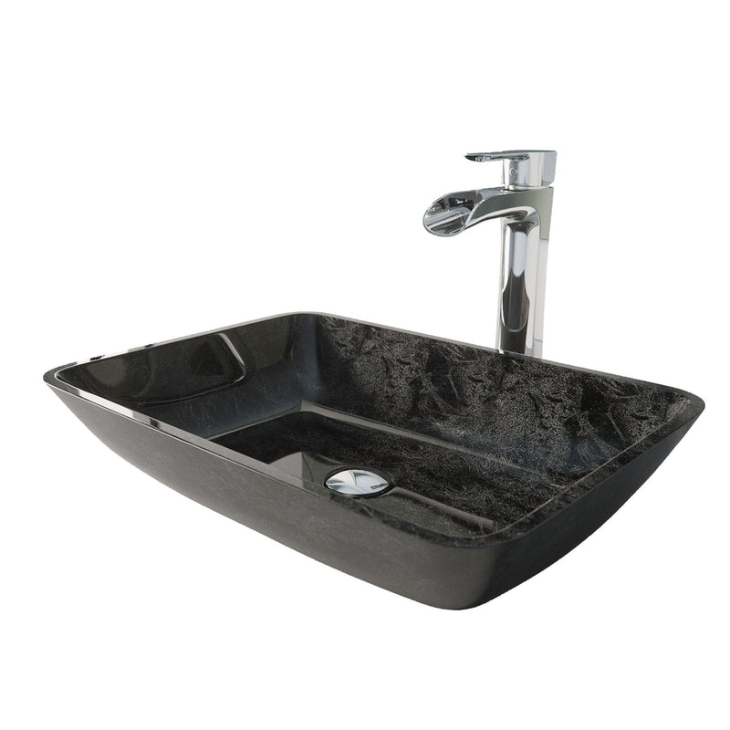 Glass Grey Onyx Bathroom Sink/Basin Set with Niko Faucet and Rectangular Vessel O6G9