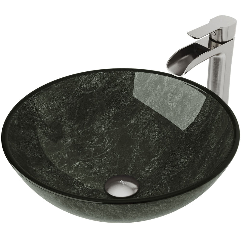 Glass Grey Onyx Bathroom Sink/Basin Set with Niko Faucet and Round Vessel W6E2