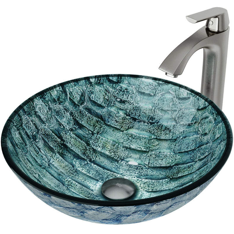 Glass Oceania Blue Bathroom Sink/Basin Set with Linus Faucet and Round Vessel I4R5