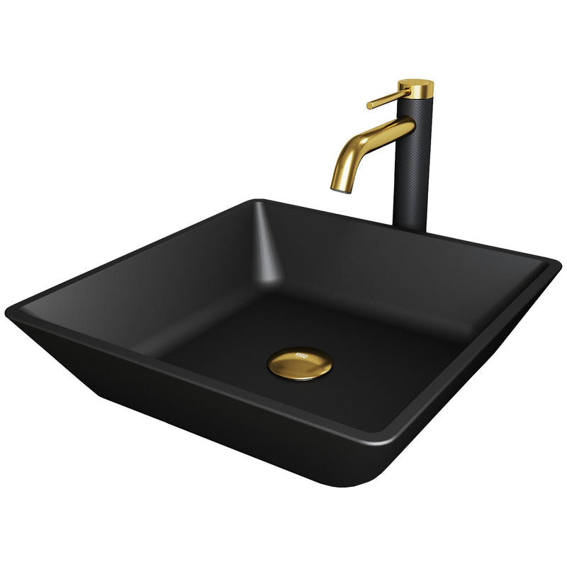 Roma MatteShell Matte Black Bathroom Sink/Basin Set with Lexington Faucet and Glass Square Vessel F9L3