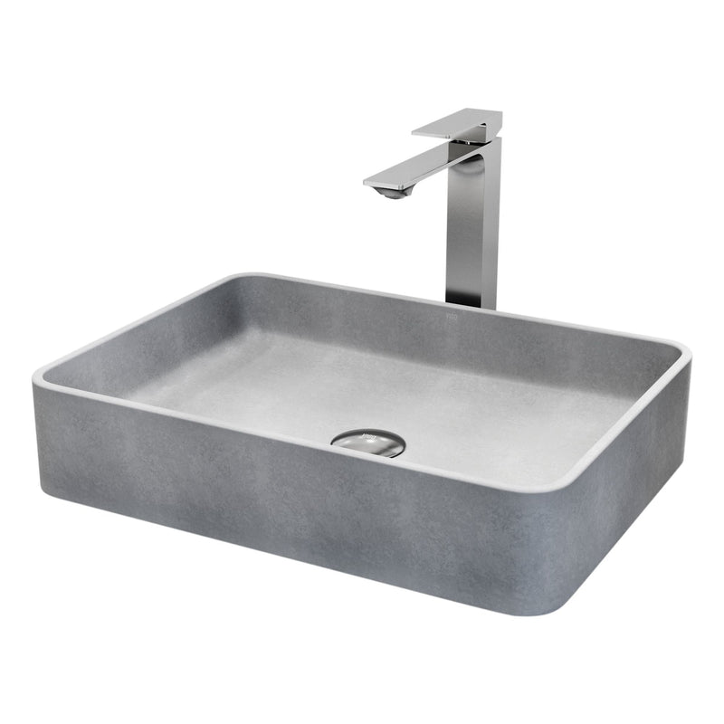 Tarragona Gothic ConcretoStone Grey Bathroom Sink/Basin Set with Dunn Faucet and Rectangular Vessel U7U4