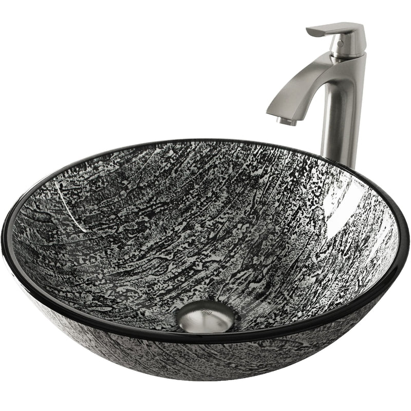 Titanium Glass Slate Grey Bathroom Sink/Basin Set with Linus Faucet and Round Vessel R0P0